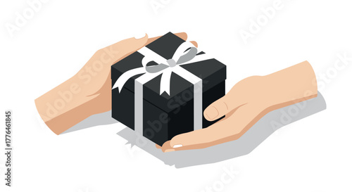 Hands exchanging gift box with black and white ribbon on white background