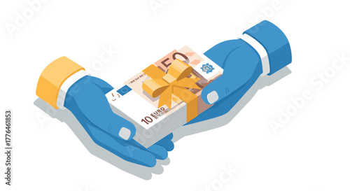 Hands presenting wrapped euros gift in isometric style
