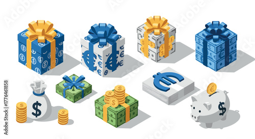 Isometric currency gift boxes and savings icons with euro and dollar symbols