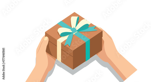 Hands holding gift box with ribbon bow in isometric style