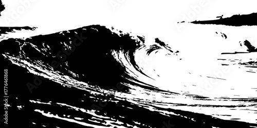 High-contrast black-and-white ocean wave curling with dramatic texture, bold shadows, sharp highlights, and intense surf energy captured in abstract form.