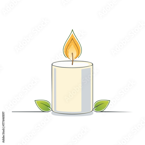 Simple line art illustration of a burning candle with leaves for wellness and spa concepts