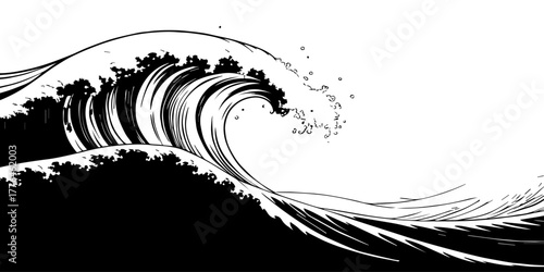 bold black-and-white ocean wave surges with sweeping lines and foamy spray, dramatic motion and high contrast, like an ink illustration of powerful sea energy.
