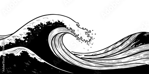 Dynamic black and white ocean wave illustration, fluid motion, artistic ink style, sea energy