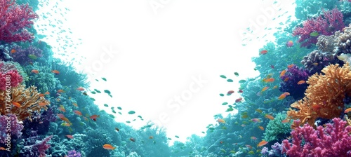 Fototapeta Naklejka Na Ścianę i Meble -  Underwater coral reef with white blank copy space background. Generative AI technology.	
