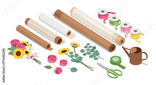 Isometric flower arrangement essentials wrapping paper, floral tape, scissors, watering can