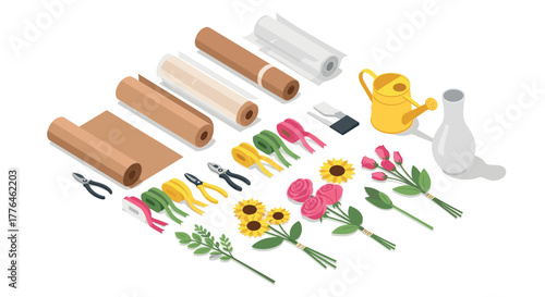 Isometric floral crafting tools and flowers arrangement on white background