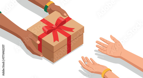 Gift exchange between hands with red ribbon on box