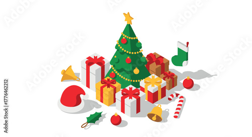 Festive christmas scene with gifts and tree in isometric style