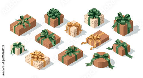 Elegant isometric gift box collection with green and gold ribbons for festive celebrations