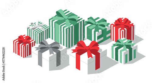Colorful gift boxes with ribbons in isometric style on white background