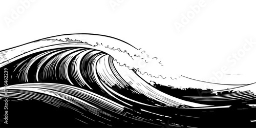 Monochrome ink artwork showing giant waves cresting and curling in smooth, detailed strokes. The texture of the lines conveys turbulence and motion, while the negative space emphasizes flow and power.