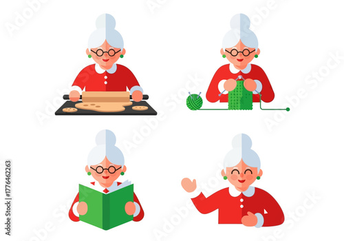 Charming Mrs Claus Character Set: Baking, Knitting, Reading, and Greeting for Holiday Cheer, Perfect for Festive Designs, Greetings, and Seasonal Projects