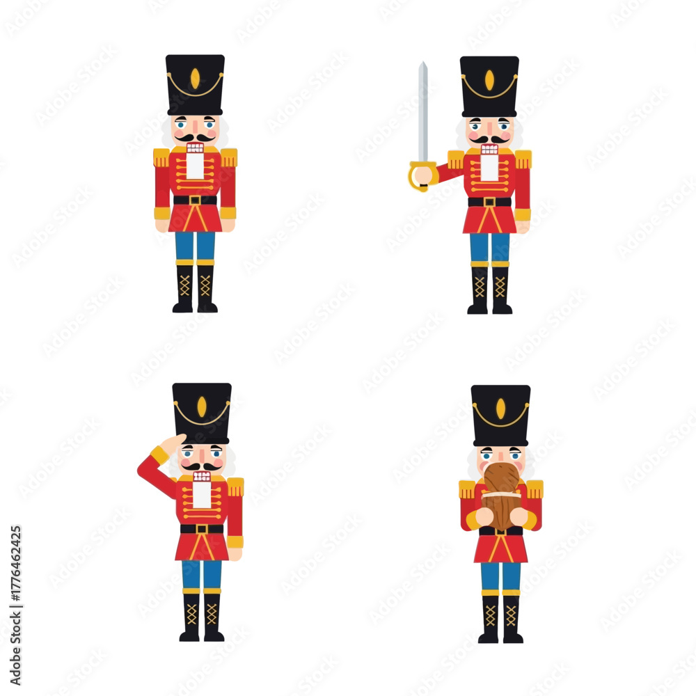 Fototapeta premium Festive nutcracker characters bring holiday cheer to any project with these charming illustrations, perfect for Christmas cards and seasonal designs