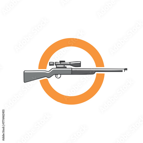 Hunting Rifle Icon: Firearm with Scope within Orange Circle for Graphic Design