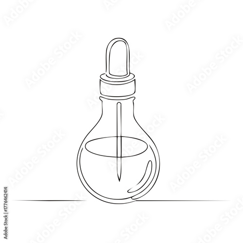 Single Line Drawing of Dropper Bottle with Liquid Inside on White Surface