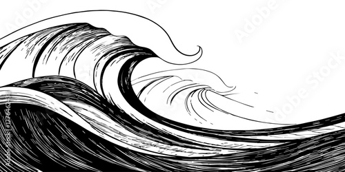 An abstract Japanese-style ink drawing of ocean waves rising and crashing with elegant curves. Strong contrasts between black and white create a visual rhythm of energy, serenity, and natural beauty