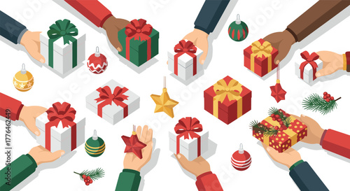 Diverse hands exchanging festive gifts and holiday ornaments in isometric style