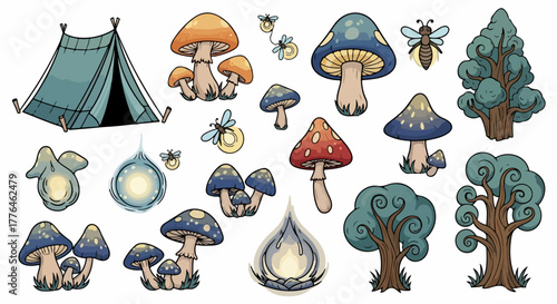 Camping elements with mushrooms, trees, and tent