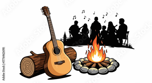 Campfire music gathering with guitar and logs
