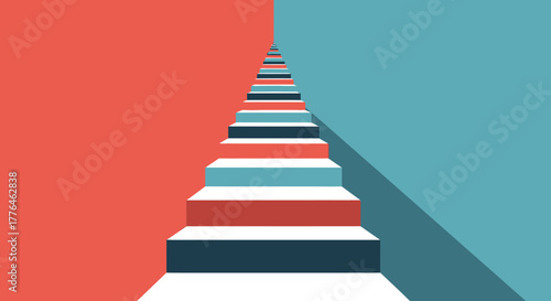 Long colorful staircase ascending towards the horizon, symbolizing progress and challenges.