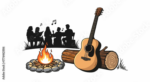 Campfire music gathering with guitar and logs