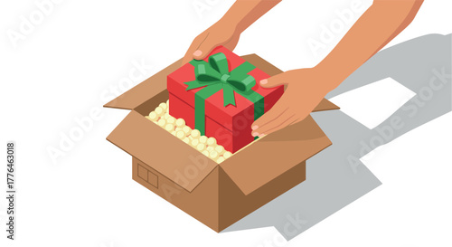 Opening box with gift inside wrapped in red with green bow