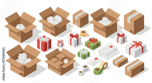 Isometric cardboard and gift boxes with packing materials and tape