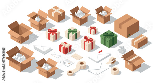Isometric gift boxes and packaging elements with envelopes and tapes