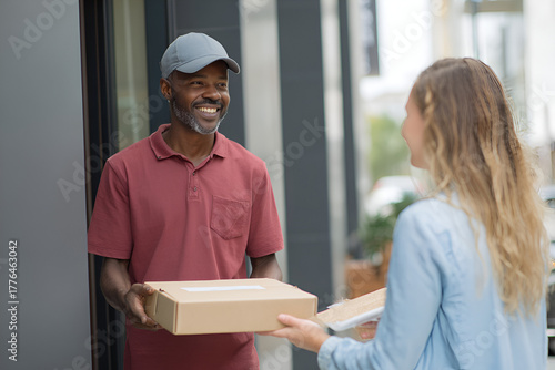 Prompt Delivery: A courteous delivery person hands a package to a woman at her doorstep, showcasing efficient service and customer satisfaction.