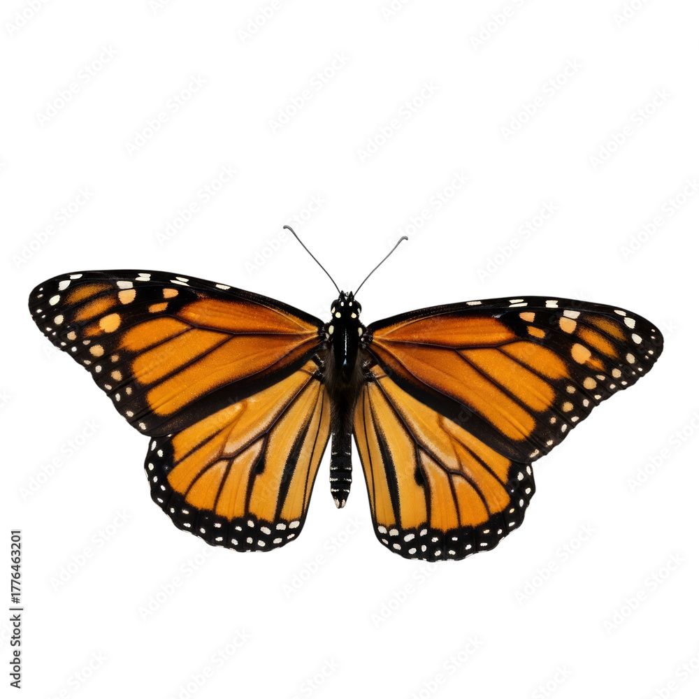 Fototapeta premium Monarch butterfly wings spread isolated on a transparent background