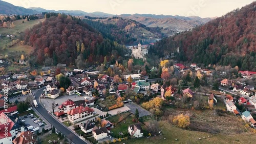 Aerial footage of Bran castle on a sunny autumn day.