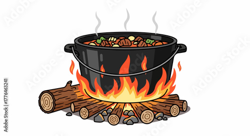 Cooking pot over campfire with stew