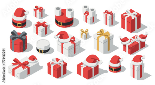 Festive isometric gift boxes with santa hats and ribbons for christmas celebrations