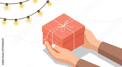 Isometric gift box with lights cozy holiday scene
