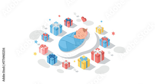 Isometric baby shower design with sleeping infant and gift boxes