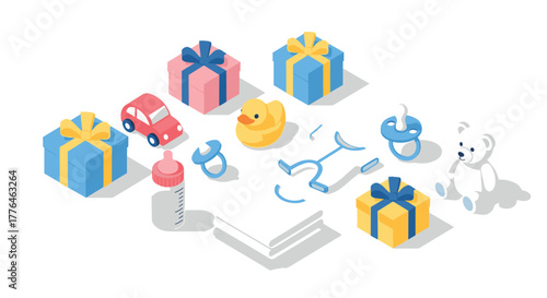 Isometric baby essentials and gifts with toys and clothing in soft pastel colors