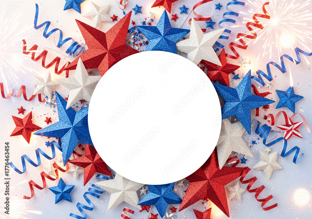 Fototapeta premium Festive Independence Day arrangement with shimmering stars circular white copy space