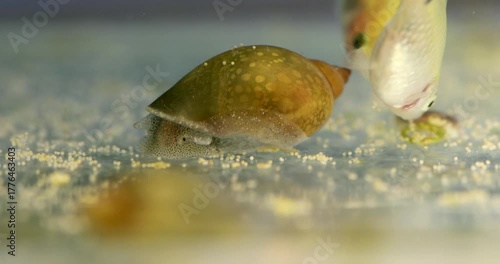 A Physa snail on the bottom of a freshwater aquarium. Two young aquarium fish Barb Pethia Conchonius are eating food, decapsulated Artemia eggs that have fallen to the bottom of the tank.