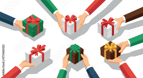 Hands exchanging gift boxes in circular arrangement with colorful wrapping and bows