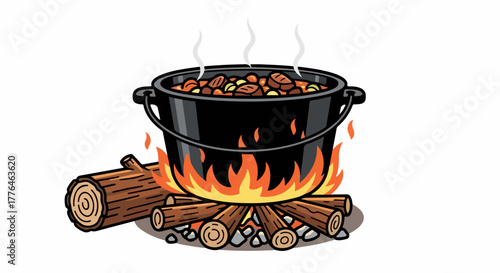 Cooking pot over campfire with food and flames