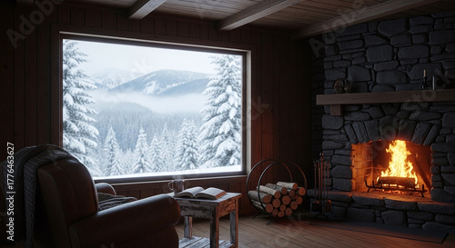 fireplace in a cozy rustic cabin