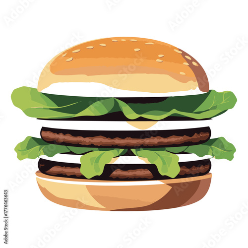 Delicious double decker hamburger with fresh lettuce and two juicy beef patties on a sesame seed bun