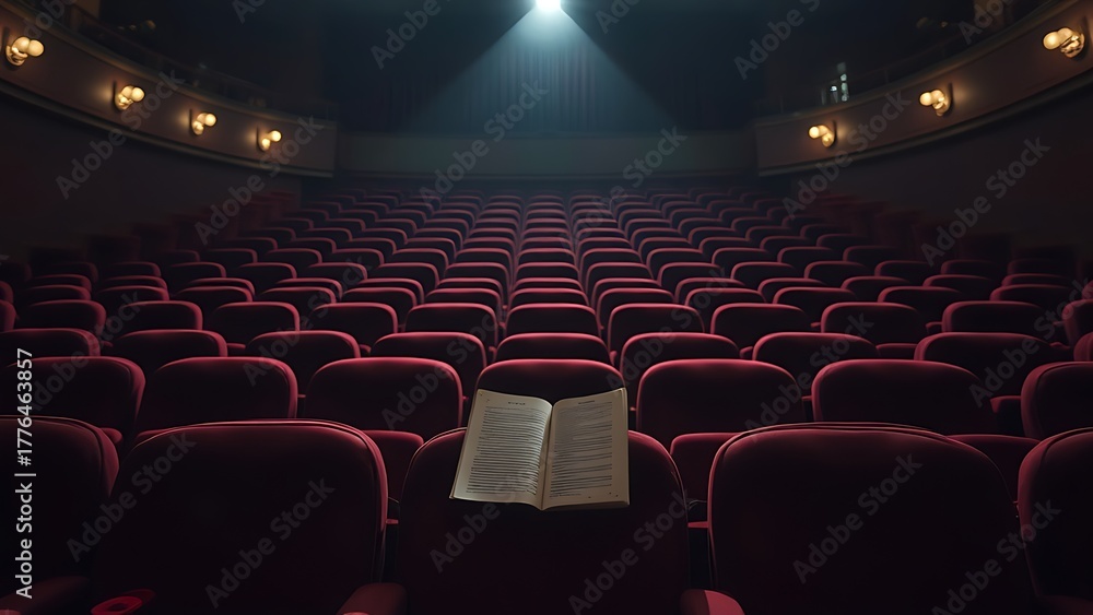 Fototapeta premium accuser. An empty theater auditorium with velvet seats and a lone spotlight on an unfinished script. event programs, museum guides, designed for cultural heritage projects and event programs.