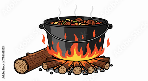 Cooking pot over campfire with food and flames