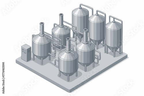 stainless steel tanks with pipes in a factory layout, ideal for industrial, manufacturing, or brewing themes. Isometric Generative ai vector colorful illustration.