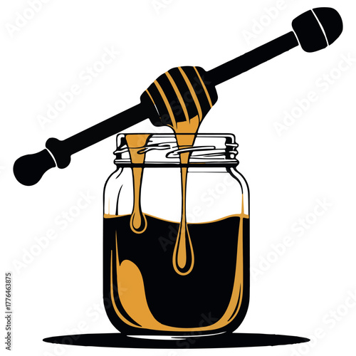 Golden honey dripping from a wooden dipper into a clear glass jar with a dark amber liquid