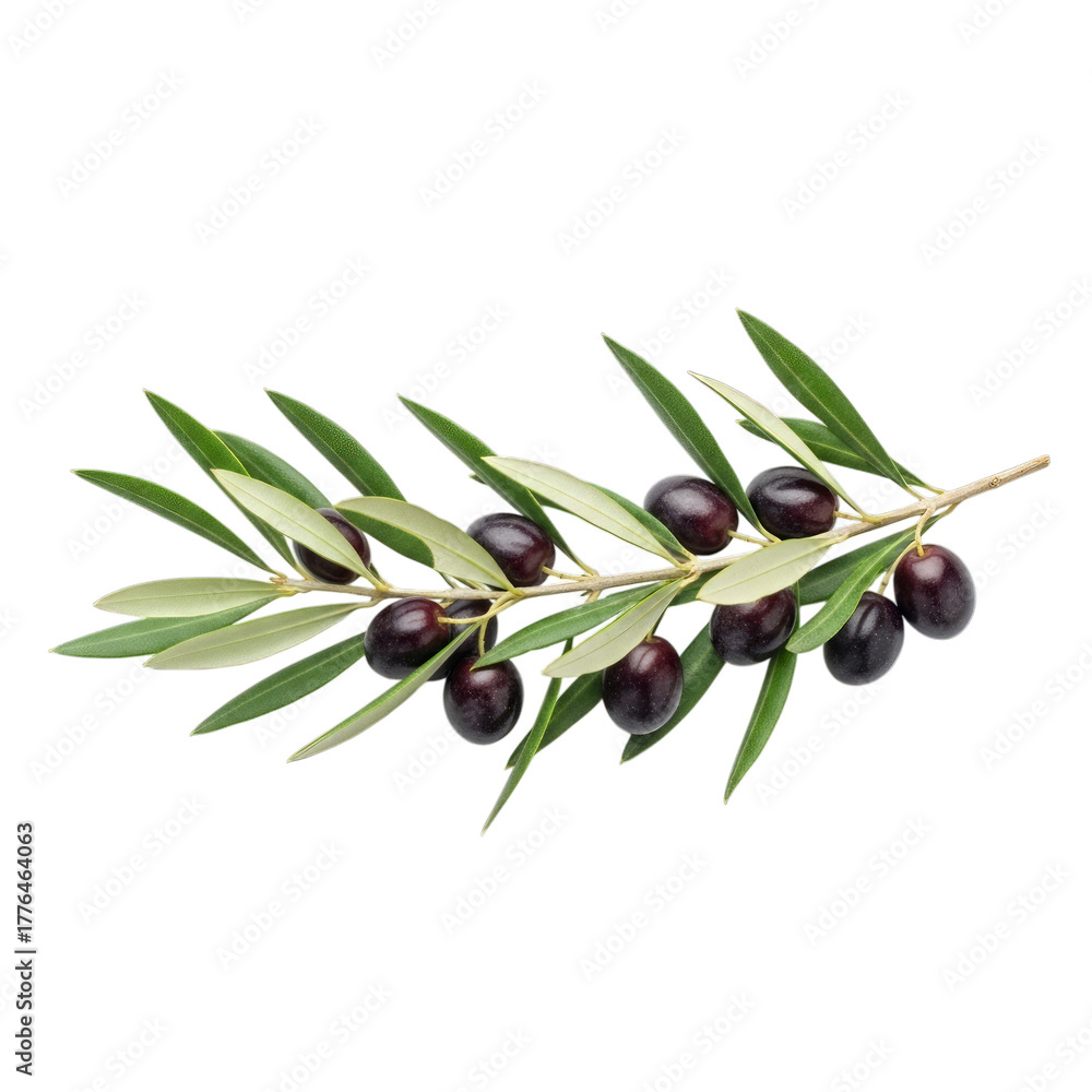 Fototapeta premium Olive branch with dark purple olives isolated on a transparent background