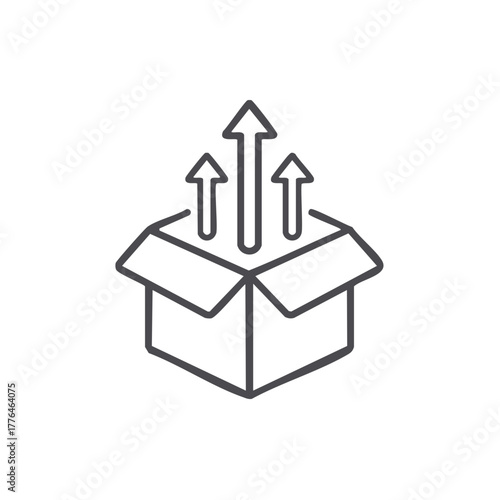 Open cardboard box with arrows pointing upward representing growth success and possibilities in simple minimalist style