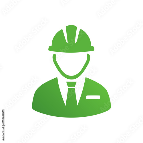 Professional green icon of an engineer or construction worker in a hard hat and tie for industry safety and management